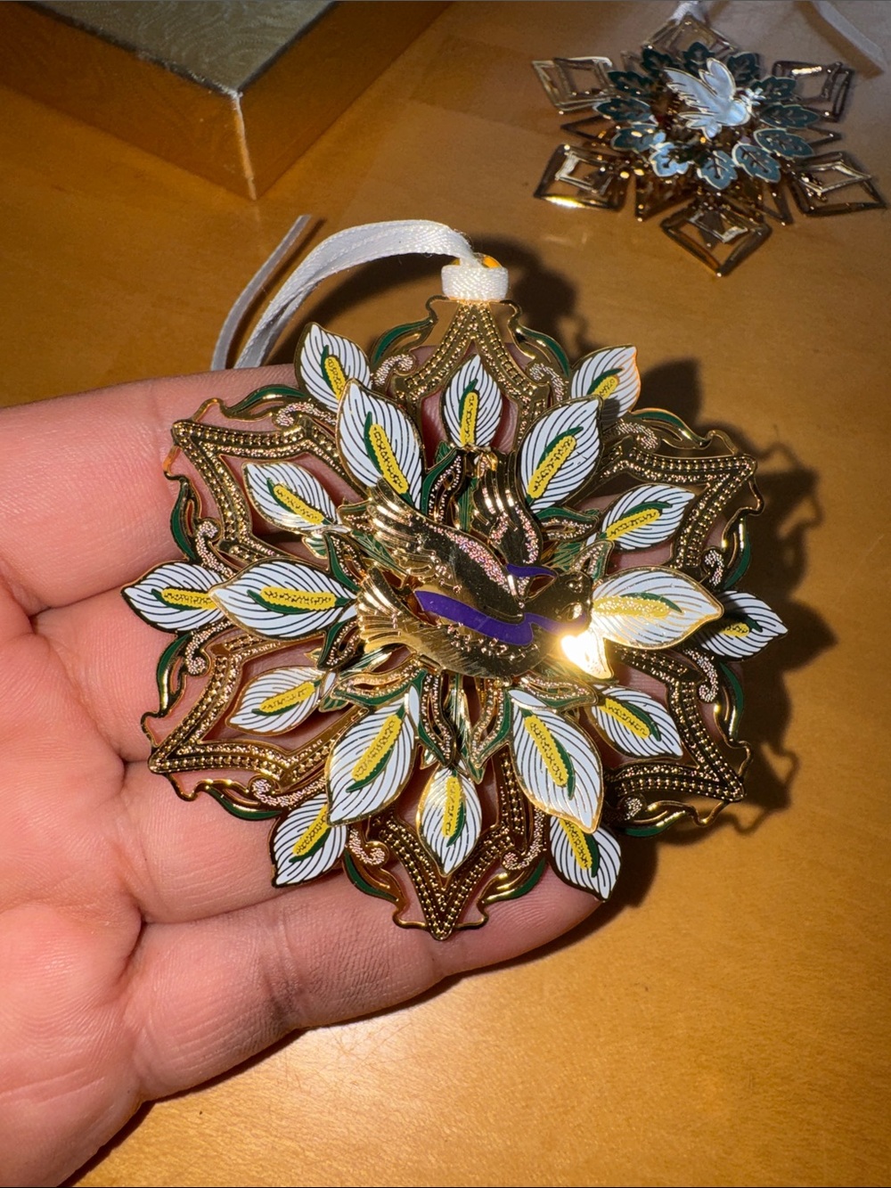 2 gold-finished decorative metal snowflake or floral ornaments made by ChemArt - Picture 3 of 15